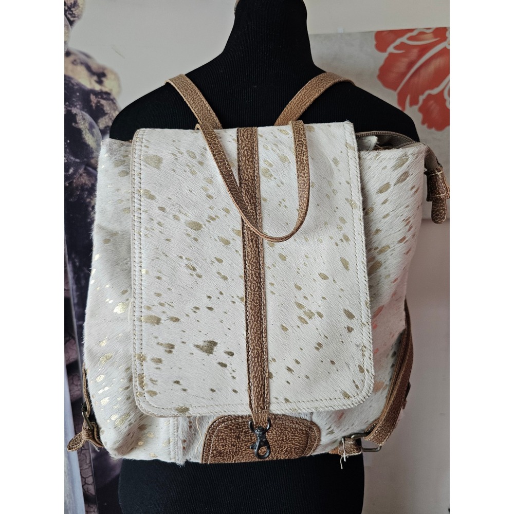 Myra Bag White Gold Acid Wash Cowhide Leather Backpack Western Boho Small Bag